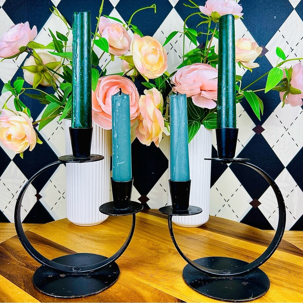 Candle Holders Wrought Iron Vintage Black Metal Crescent Pair